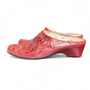 Pikolinos Red Leather Cutout Mule Clogs Women’s EU 39 US 8 Slip On Comfort Shoes